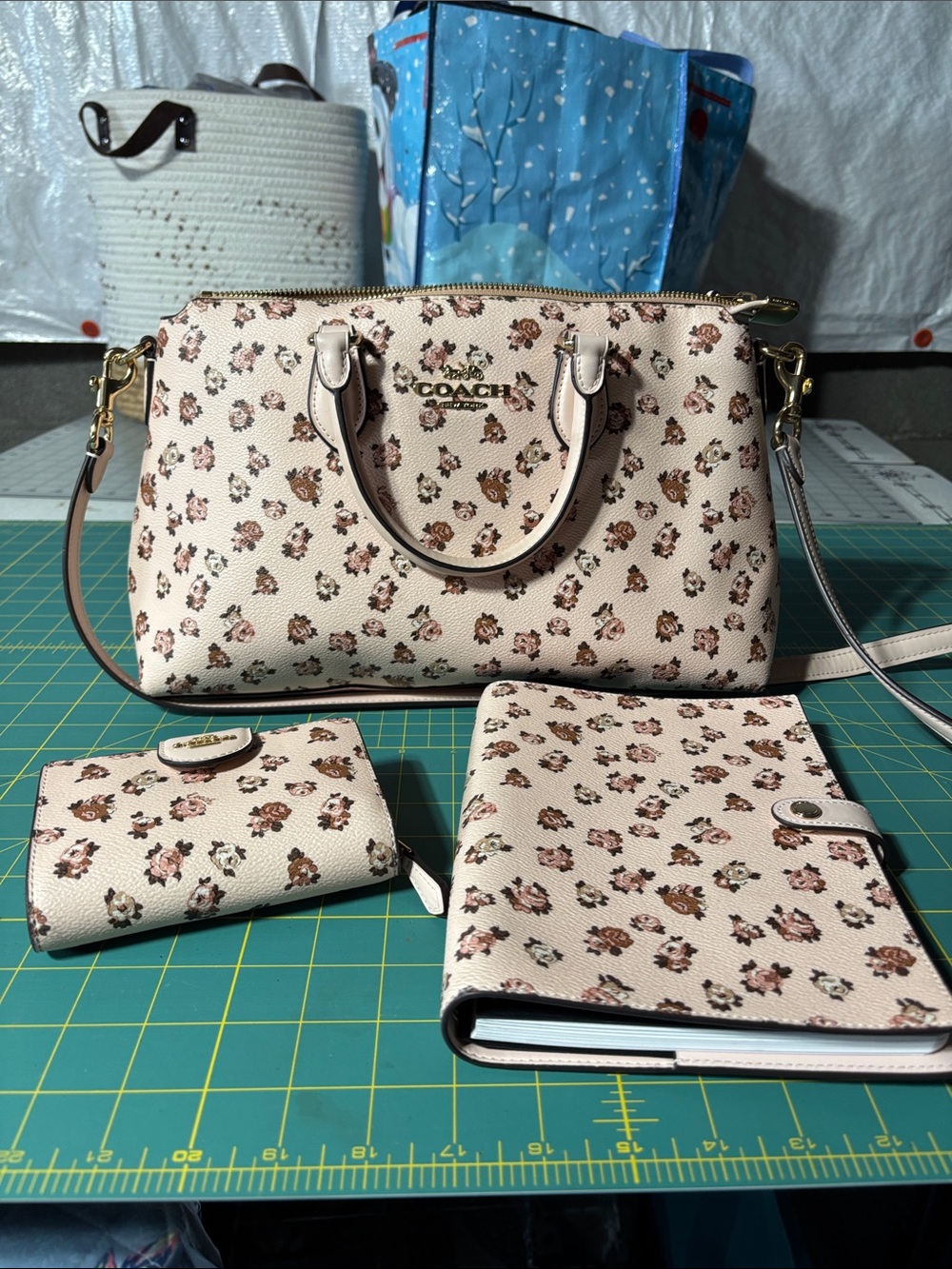 Coach Cream Floral Print Leather Satchel with Matching Accessories